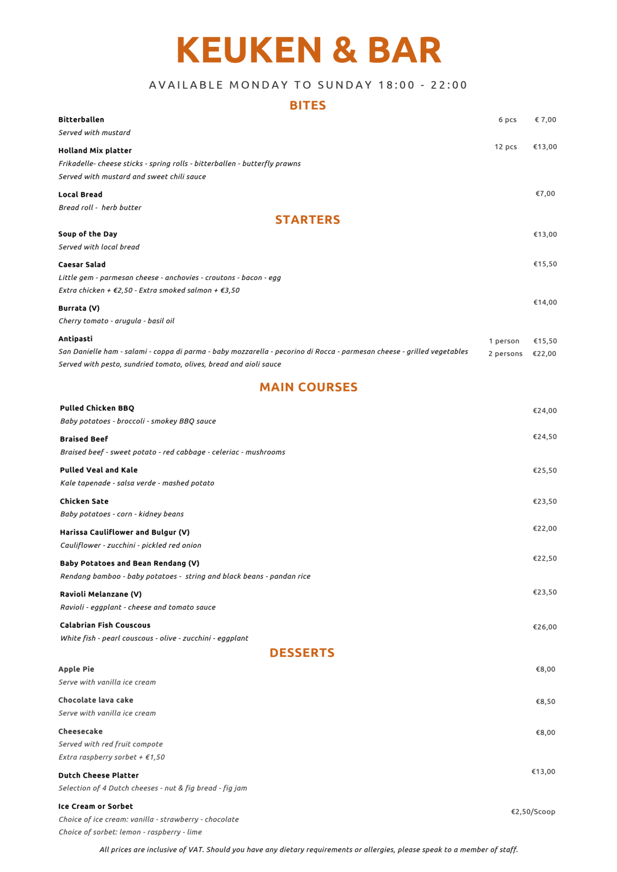 Keuken & Bar menu