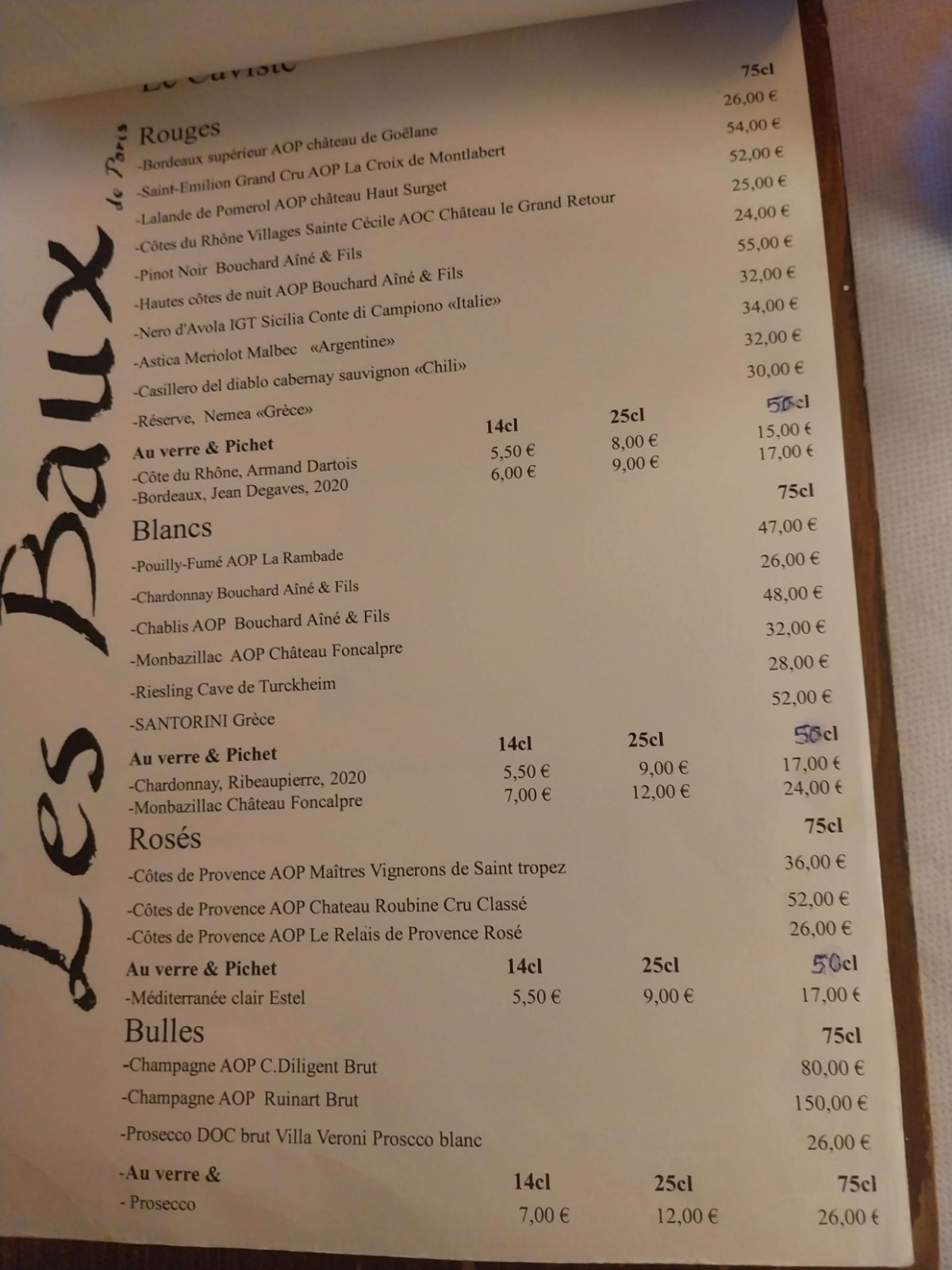 Les Baux de Paris menu