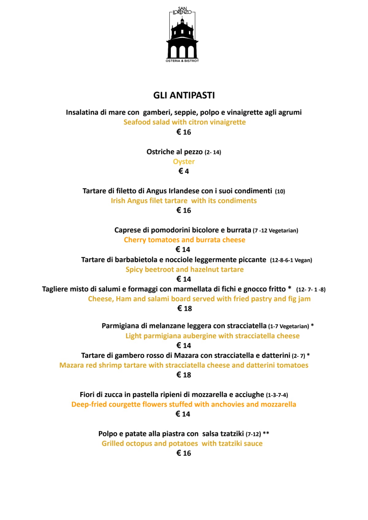 San Lorenzo menu