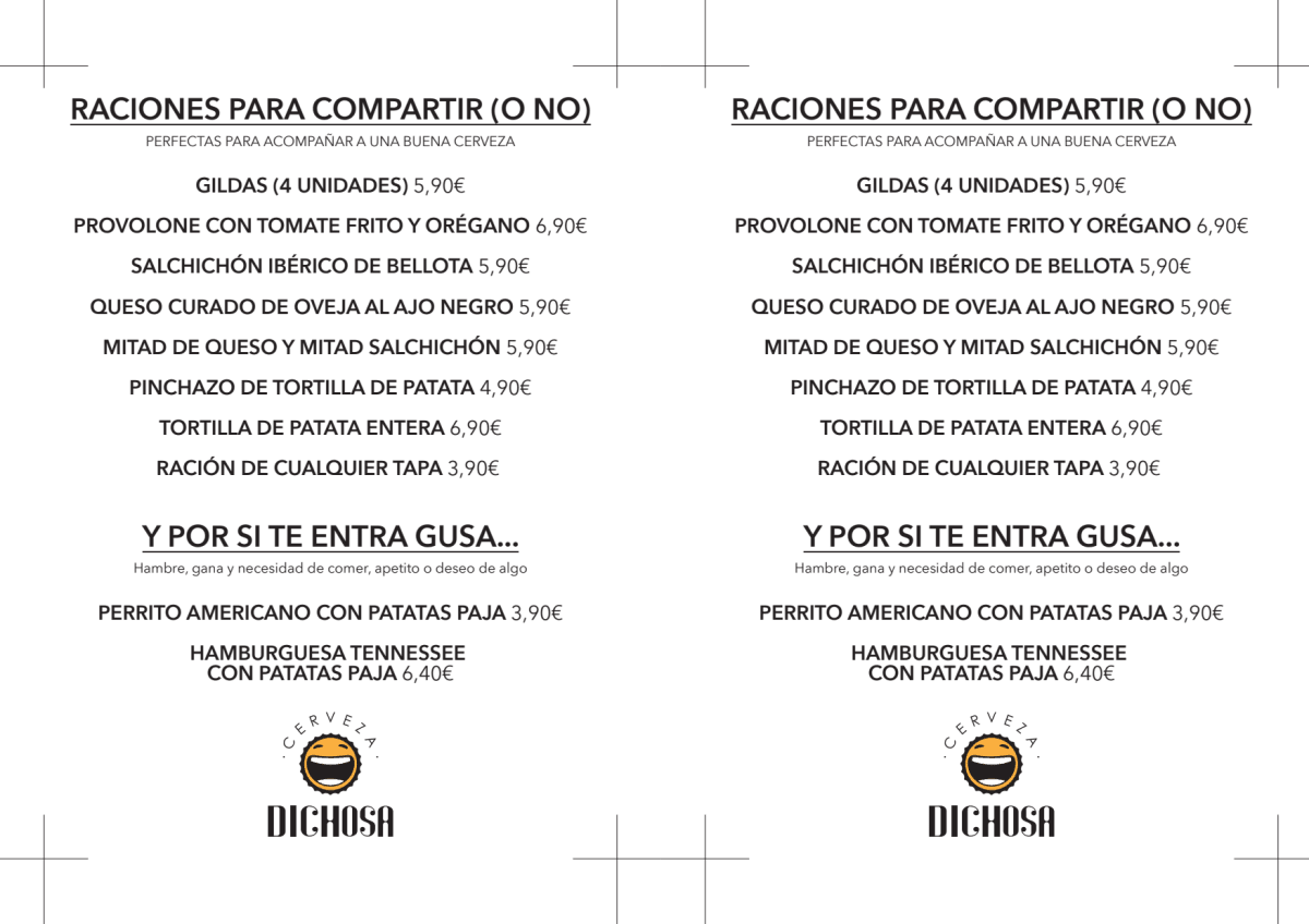 Cervecería Dichosita menu