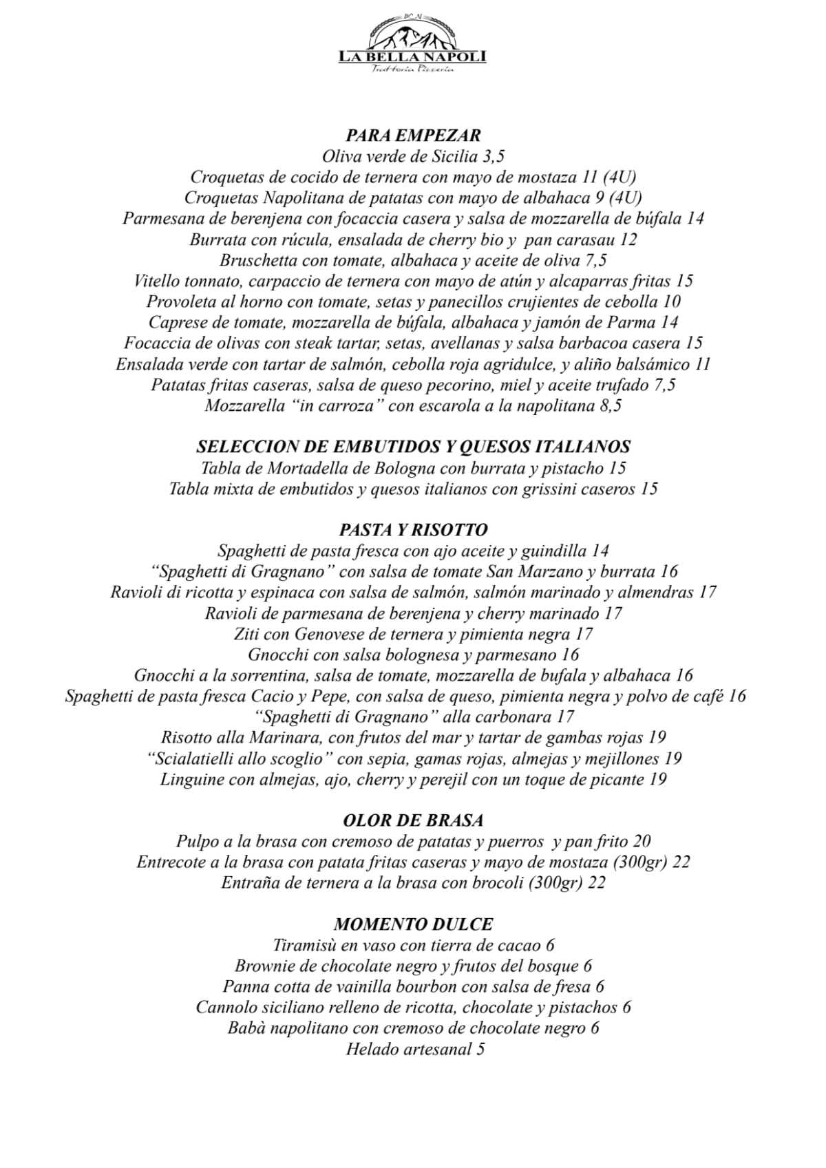 La Bella Napoli menu