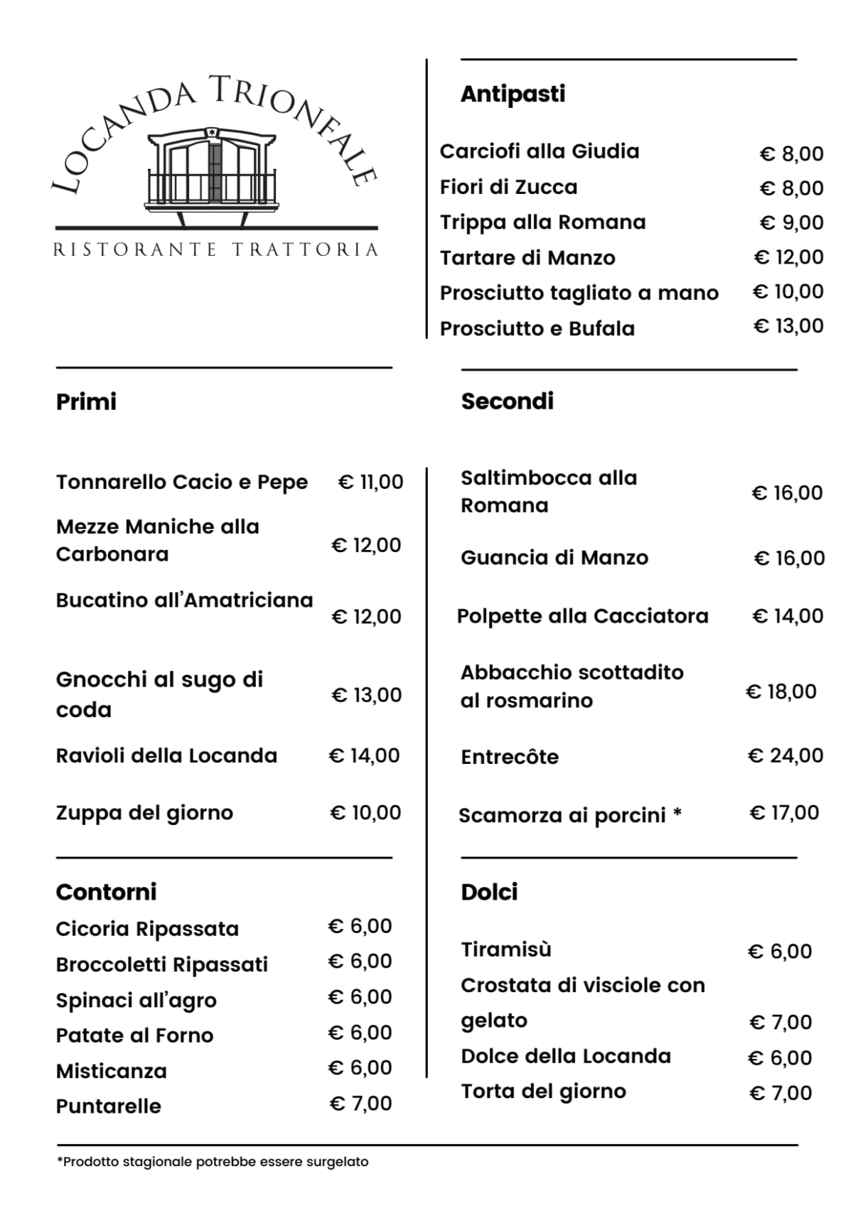 Locanda Trionfale menu