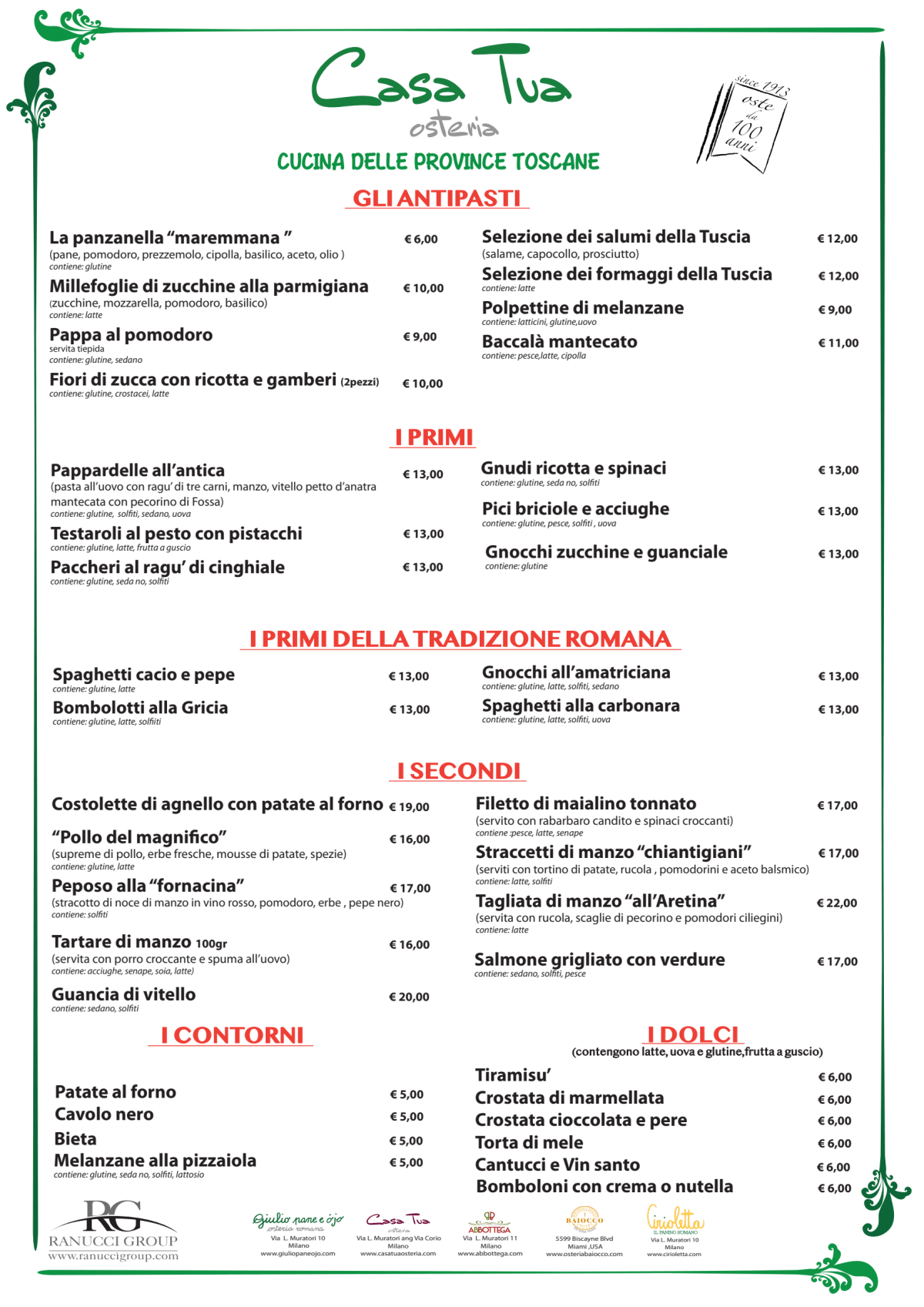 Casa Tua Osteria menu