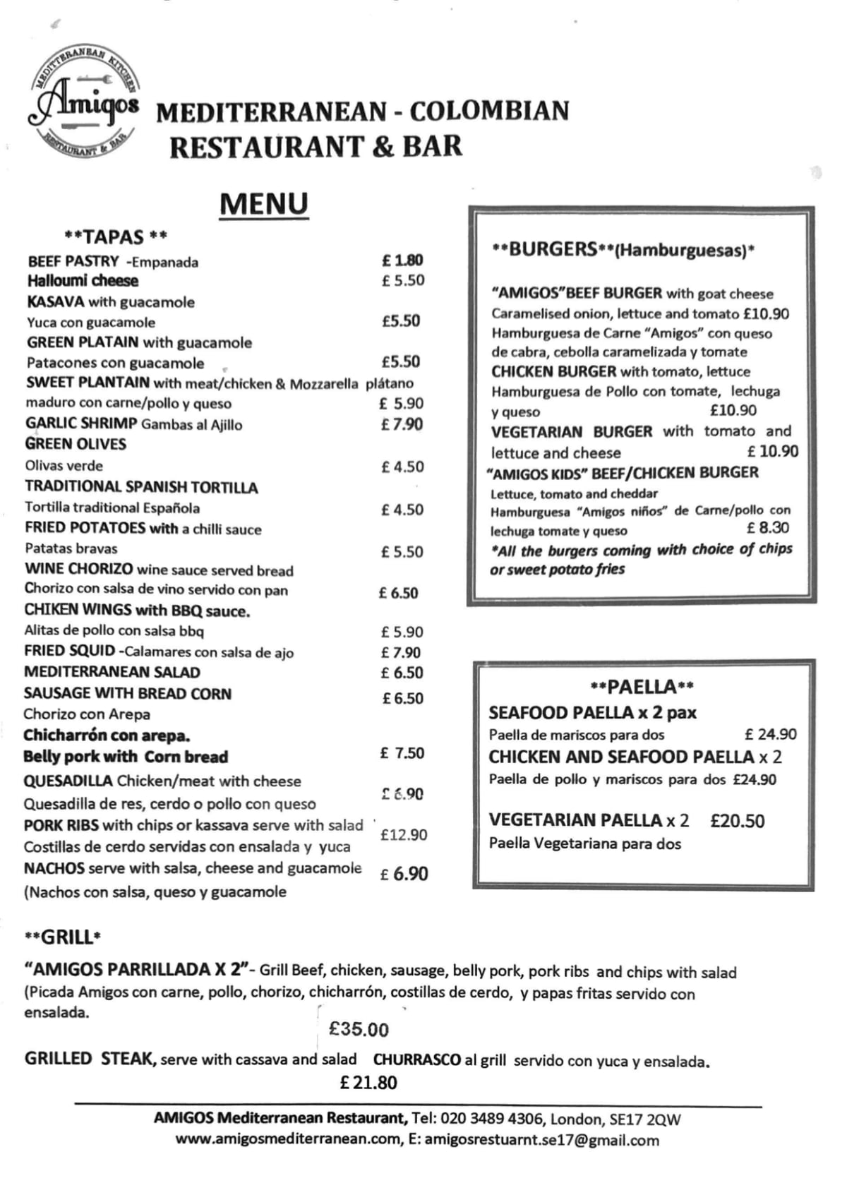 Carte et Menus 2024 Amigos Mediterranean Restaurant à Londres TheFork