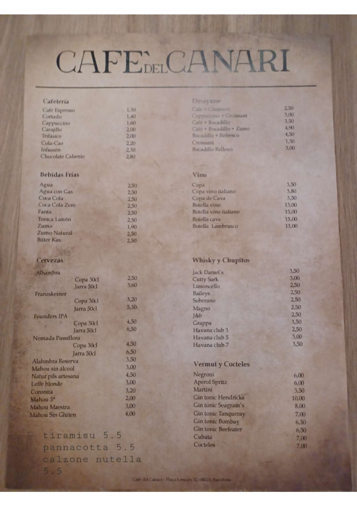 Café del Canari menu