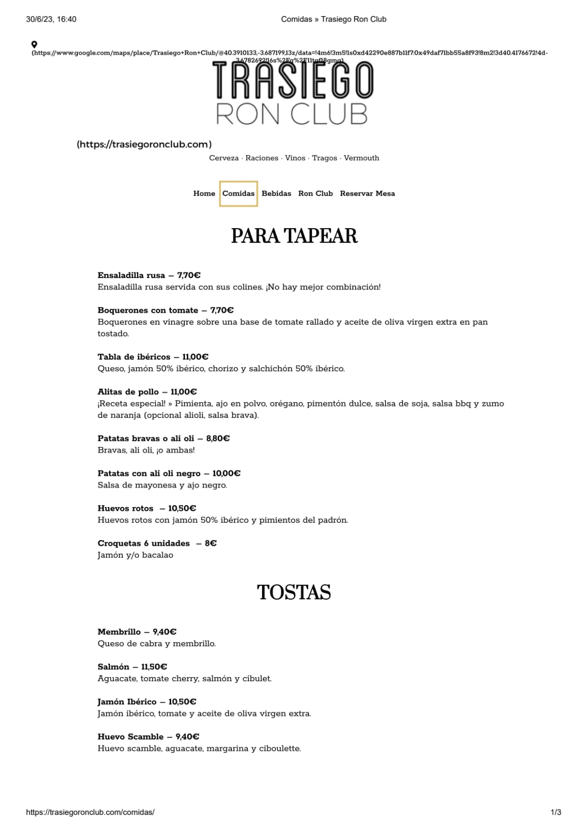 Trasiego Ron Club menu