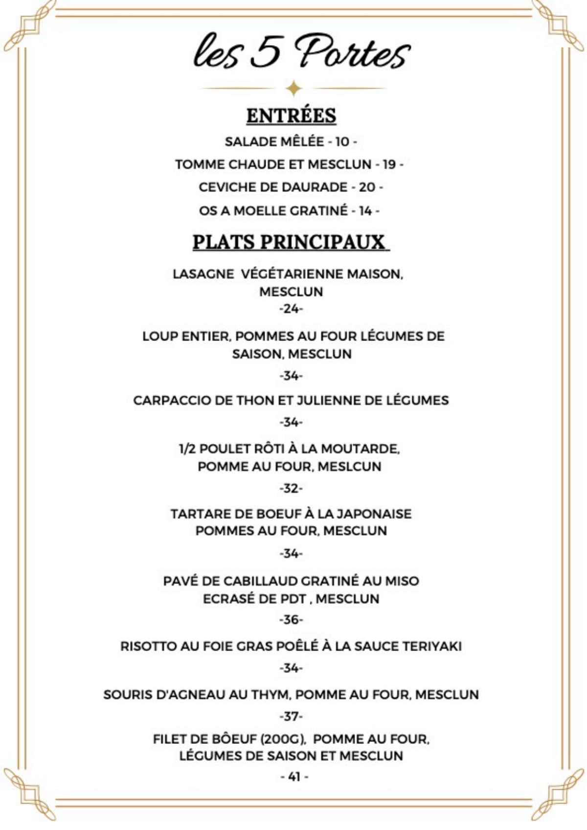 Les 5 Portes menu