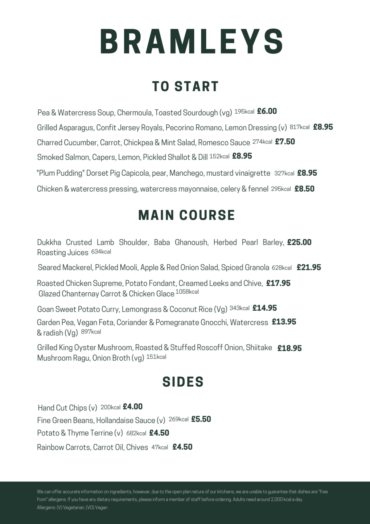 Menu 2024 Bramleys Restaurant at The Orchard hotel in Nottingham