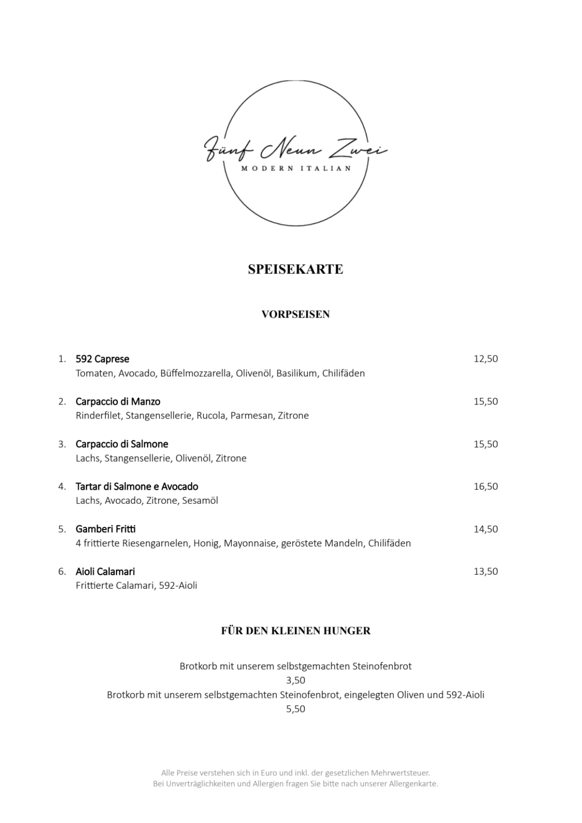 Speisekarte 2024 – Fünf Neun Zwei | 592 | Modern Italian in Wiesbaden ...