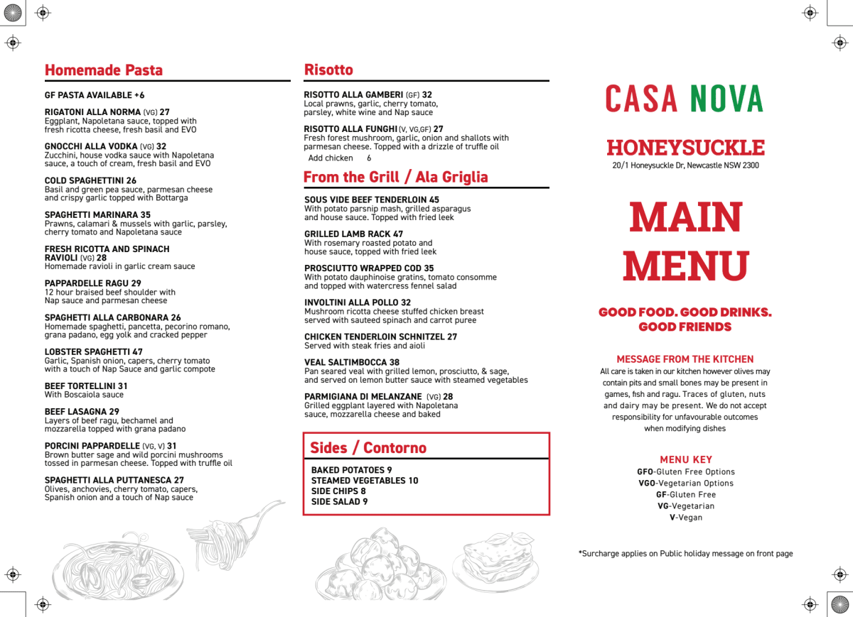 Casanova menu deals