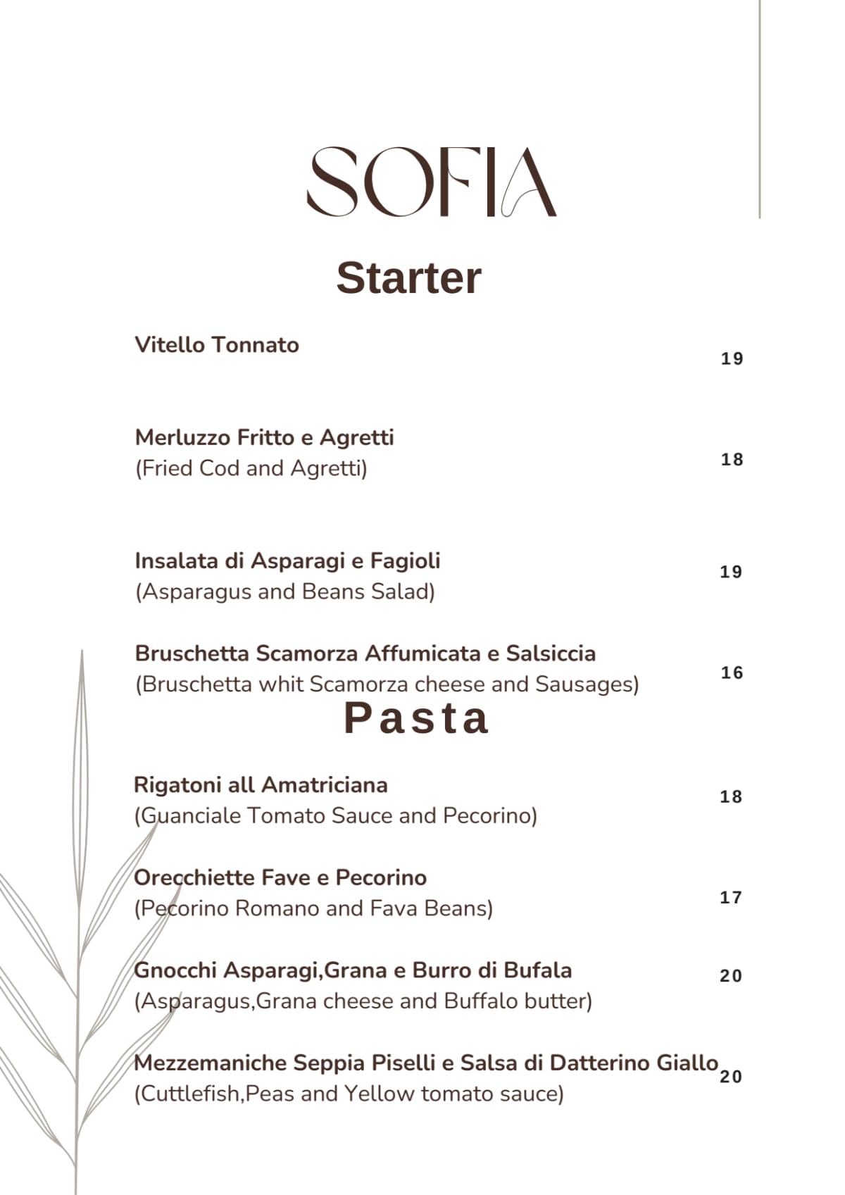 Sofia Osteria Contemporanea menu