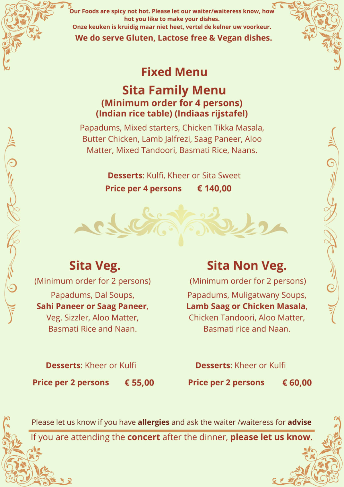 Sita Indian & Nepalese restaurant menu