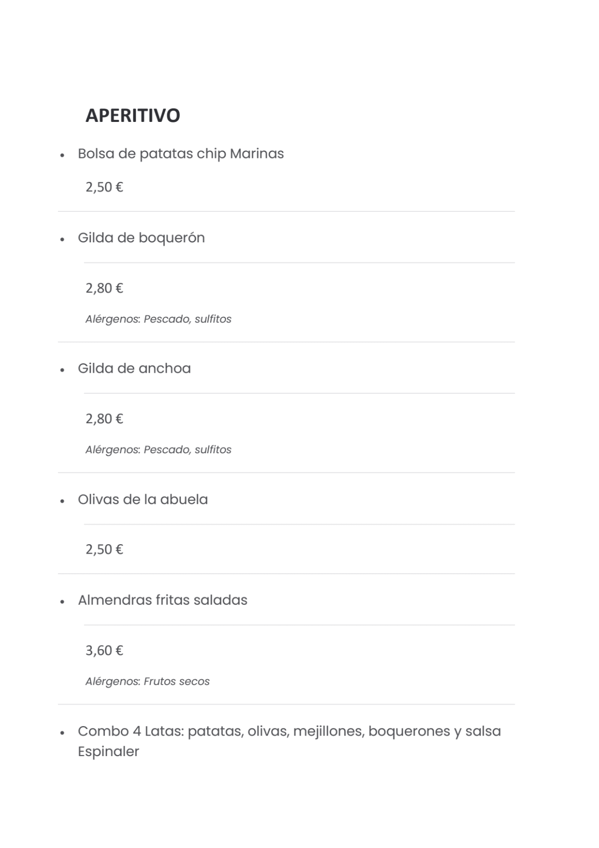 4 Latas Castellana menu