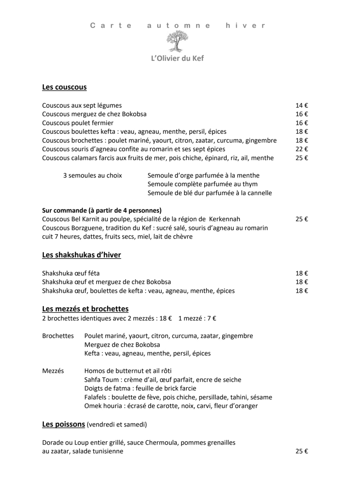 l'Olivier du Kef menu