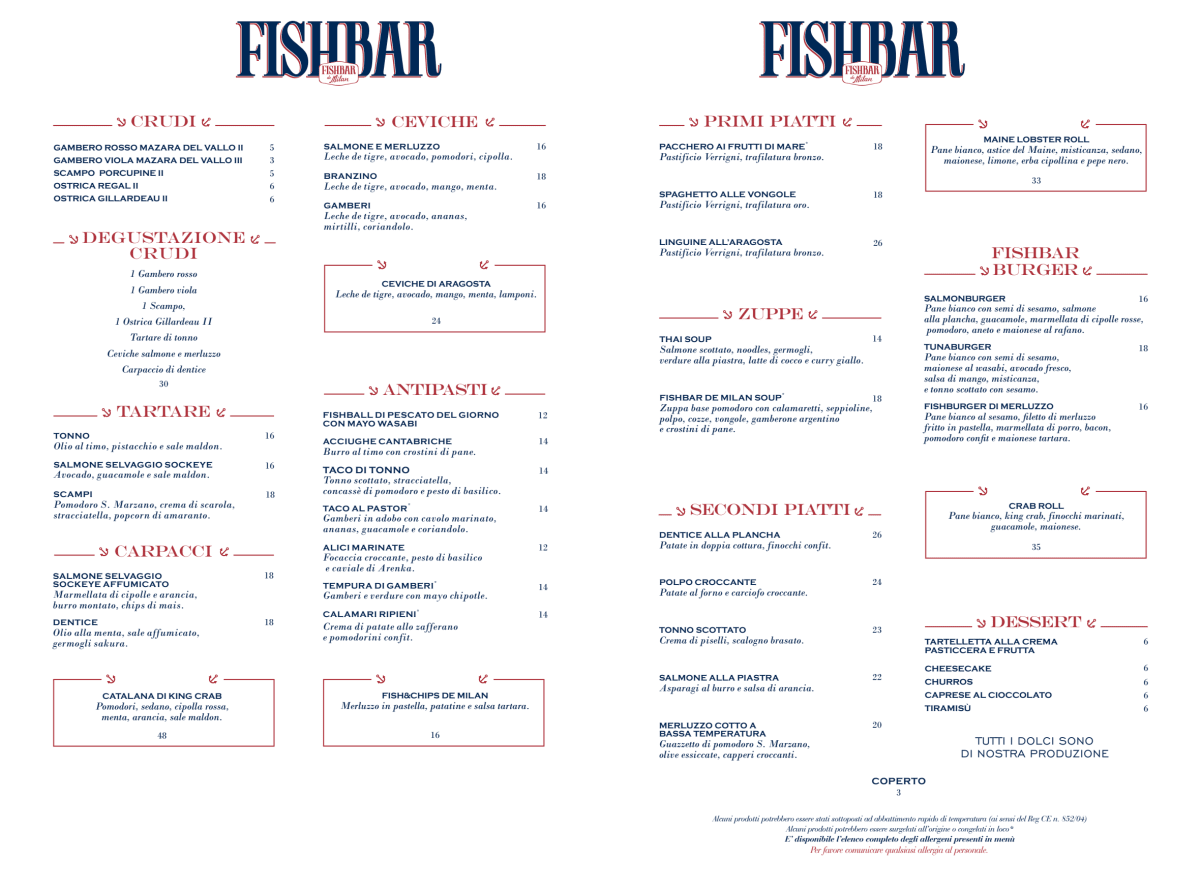 Fishbar de Milan Montebello menu