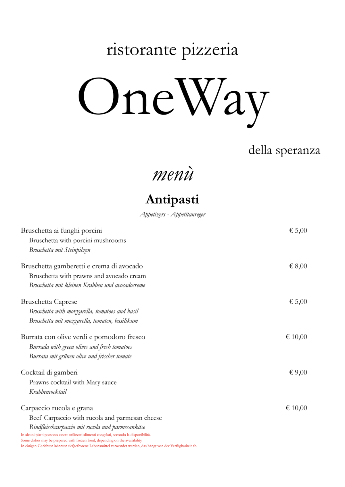 One Way della Speranza menu