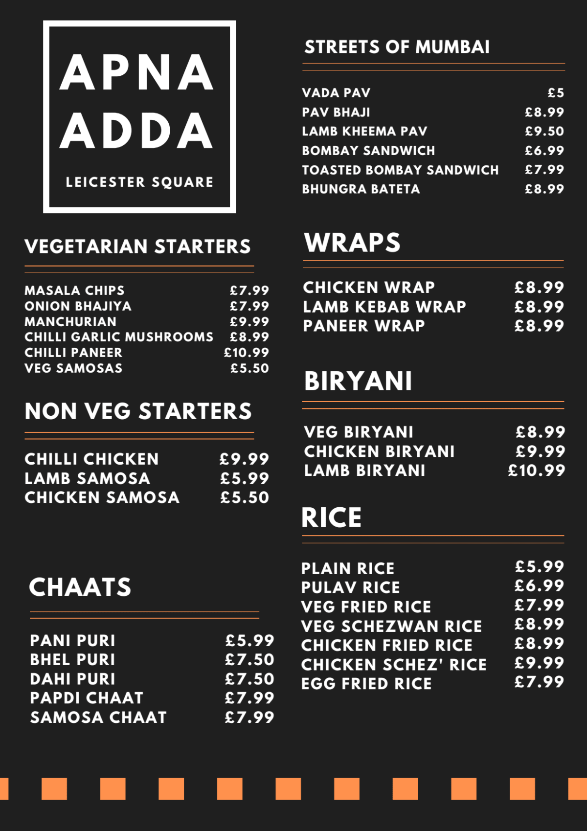 Carte et Menus 2023 Apna Adda Leicester Square à Londres TheFork