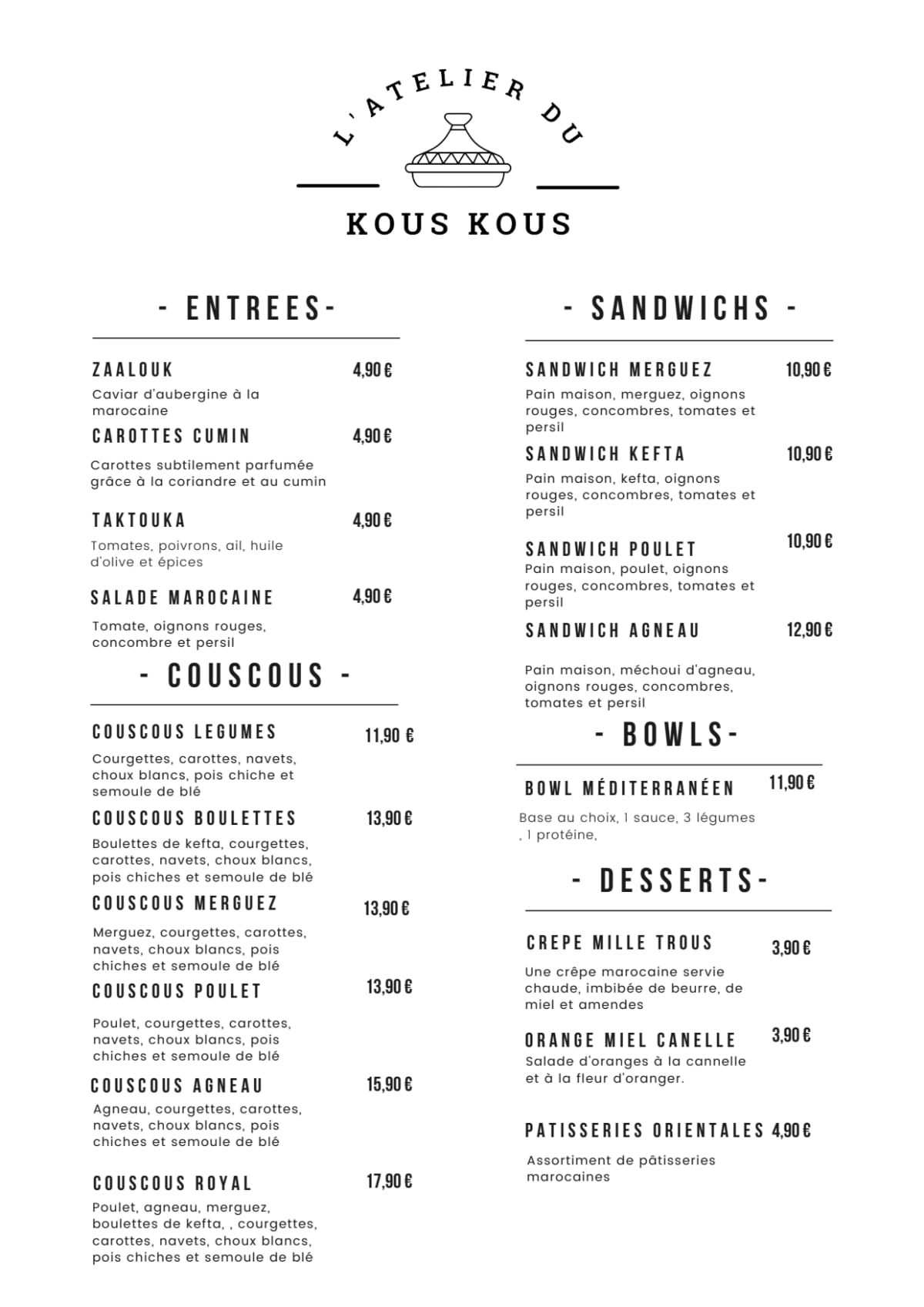 L'Atelier du Kouskous menu