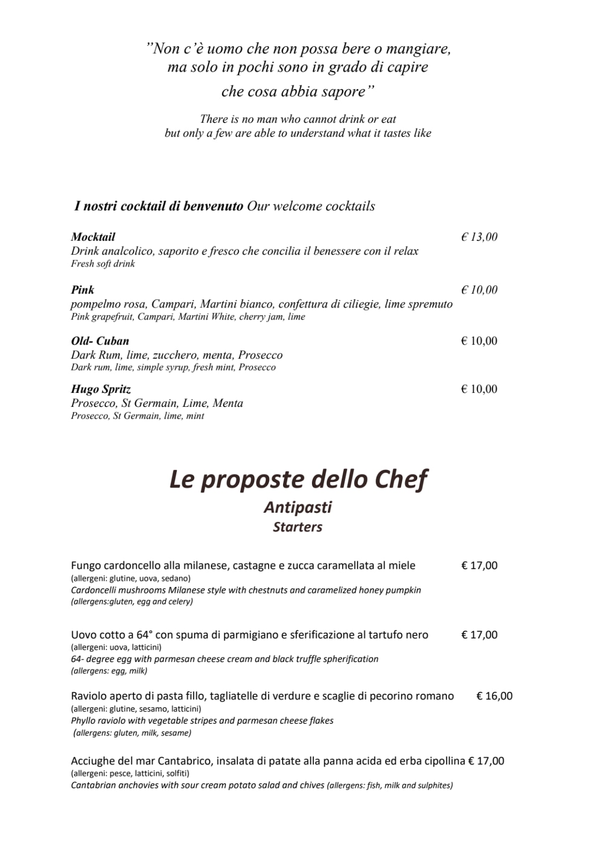 Ristorante Conte Camillo menu