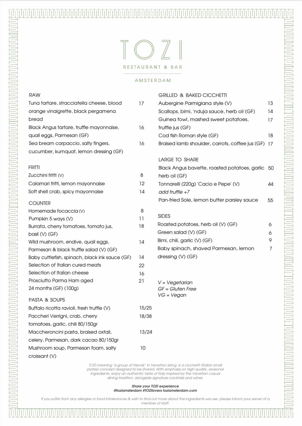 TOZI Amsterdam menu