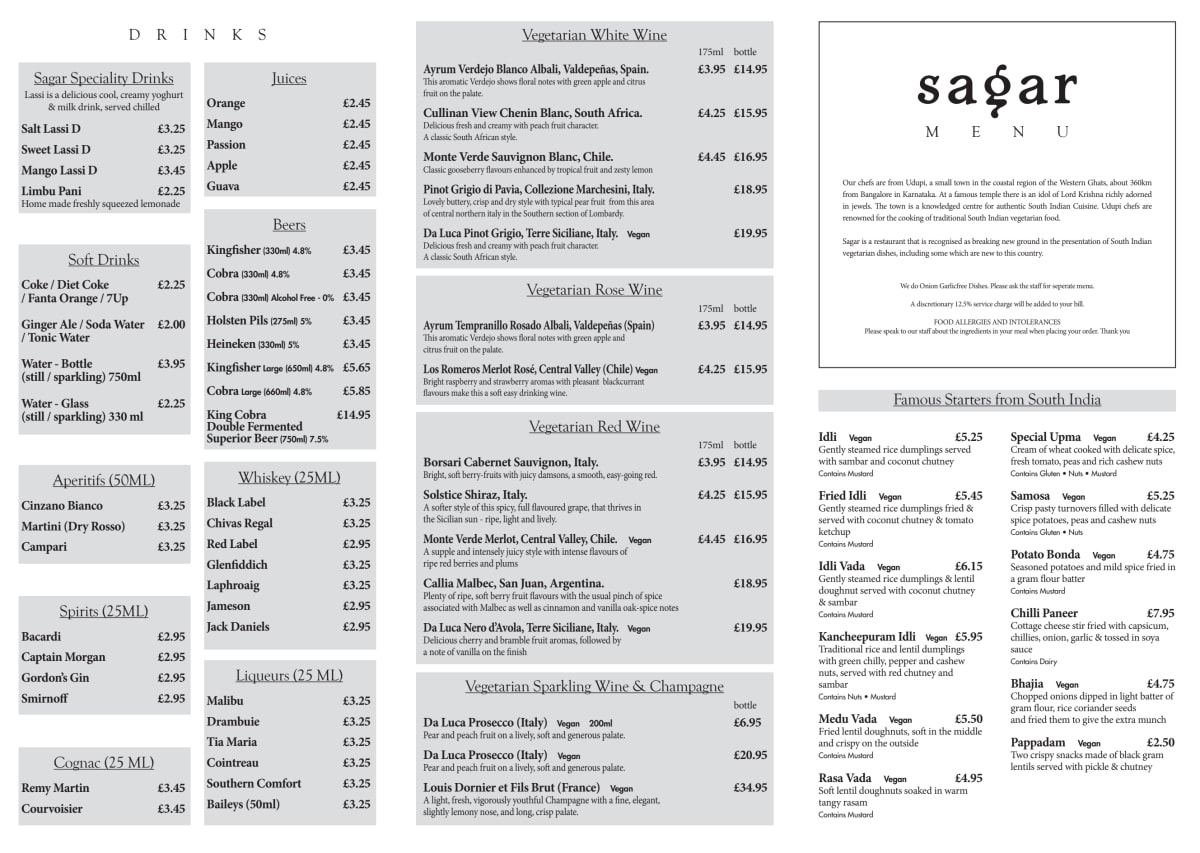 Menù completo e carta 2024 Sagar Vegetarian Hammersmith a Londra