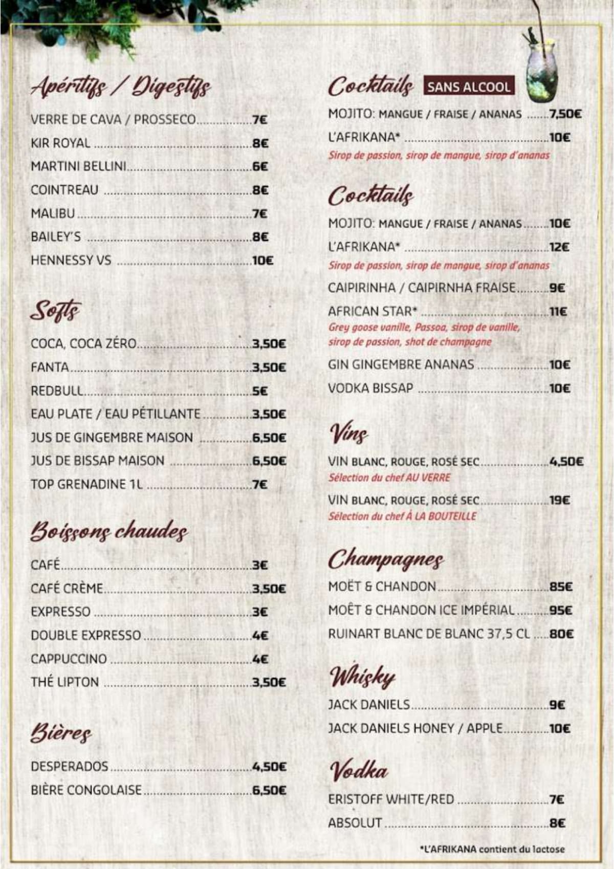 Afrikana restaurant menu