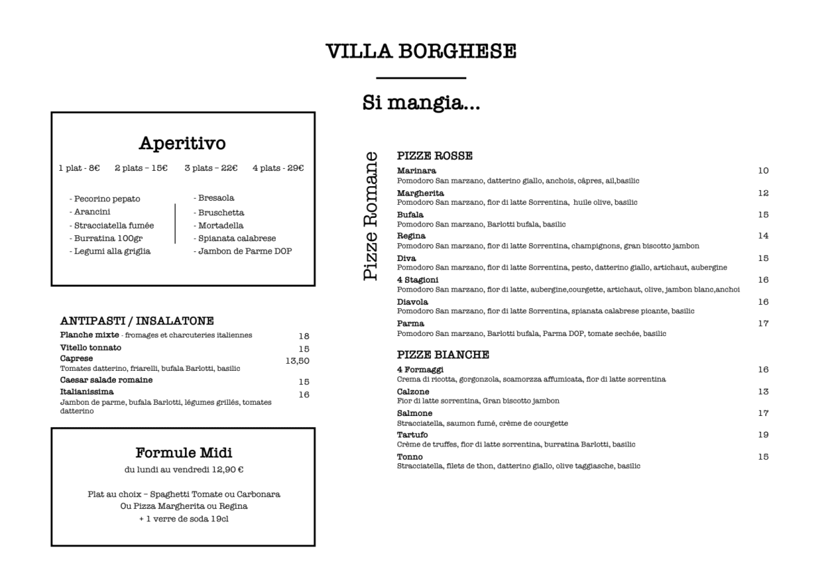 La Villa Borghese menu