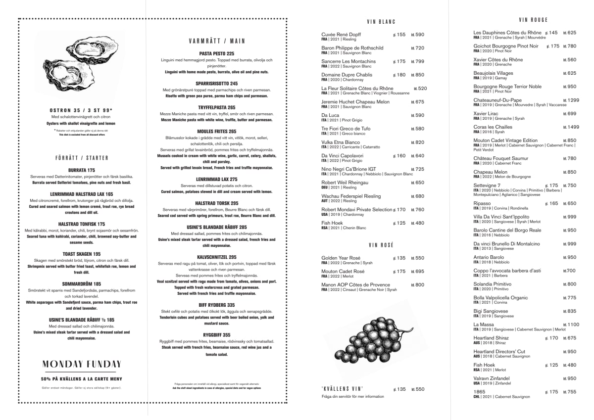 Usine Bistro 38 menu