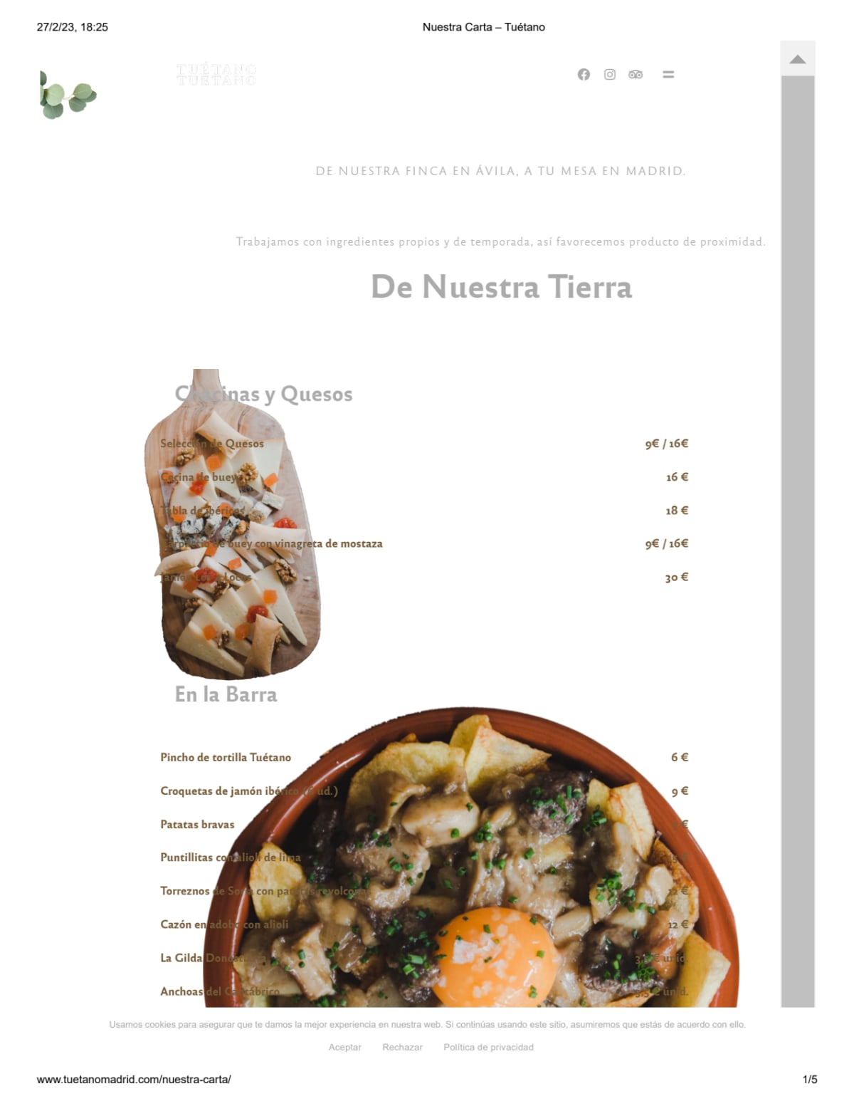 Tuétano Madrid menu