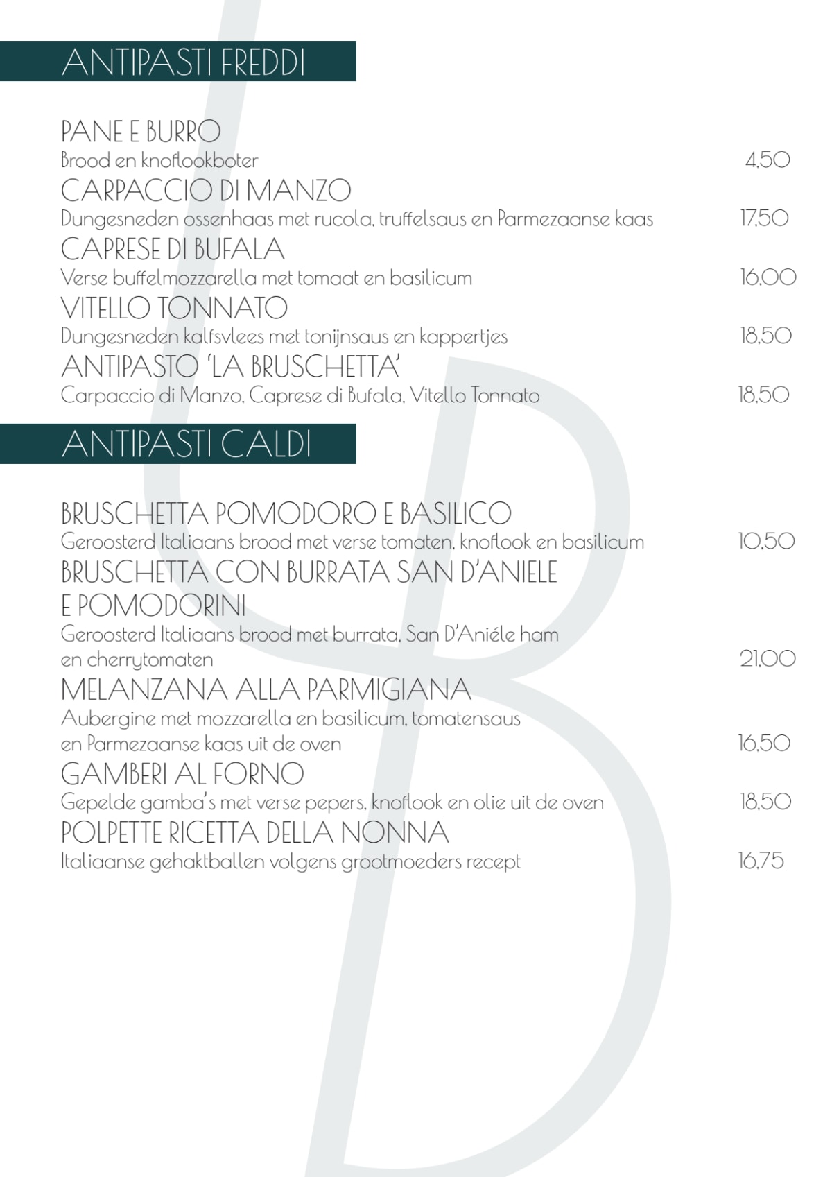 La Bruschetta menu