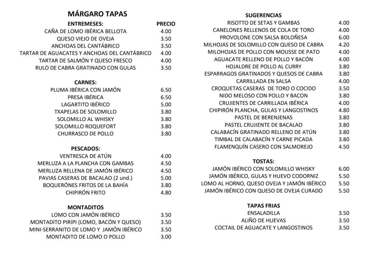 Speisekarte 2024 Márgaro Tapas in El Acebuchal (Lora Del Rio) TheFork