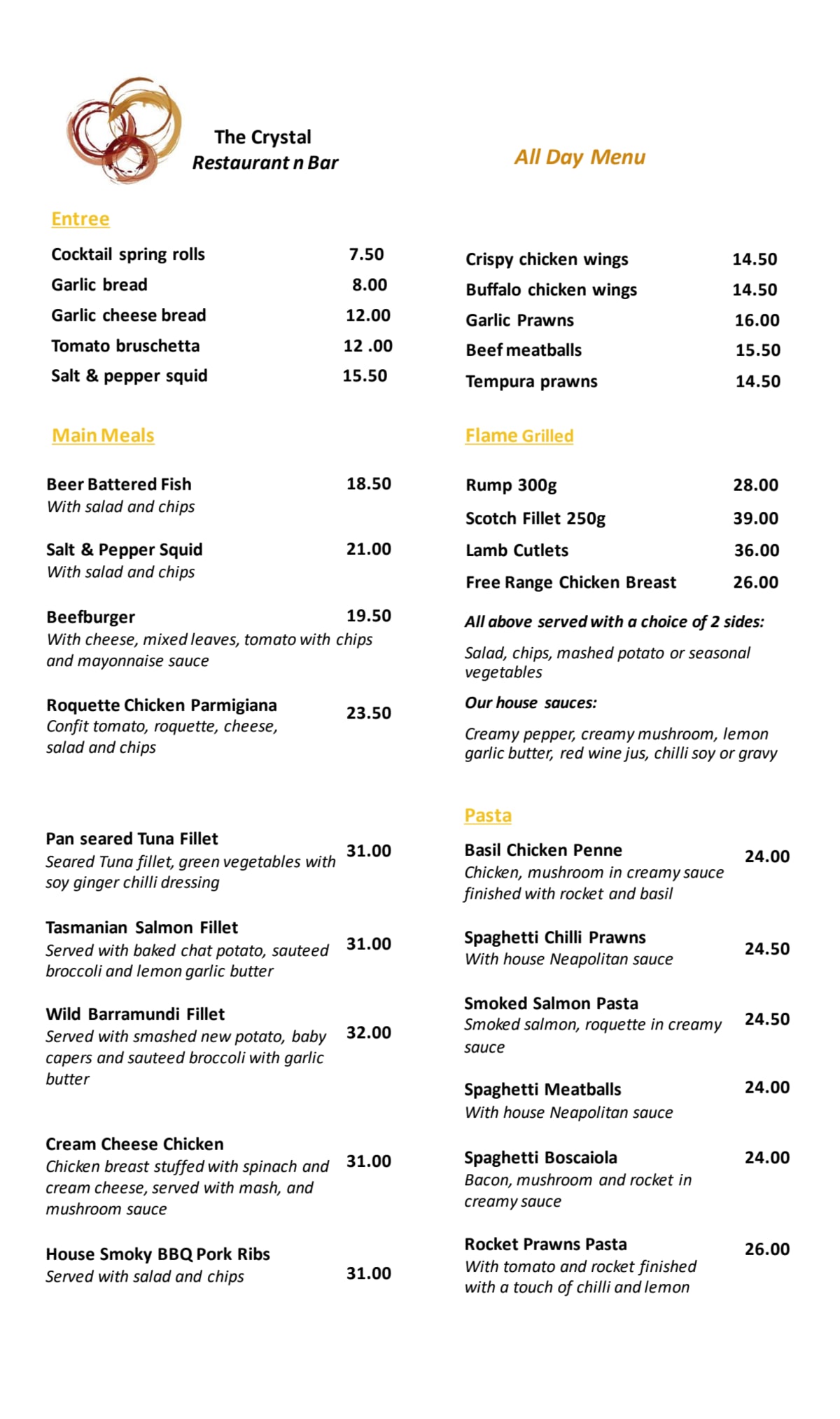 Crystals menu clearance