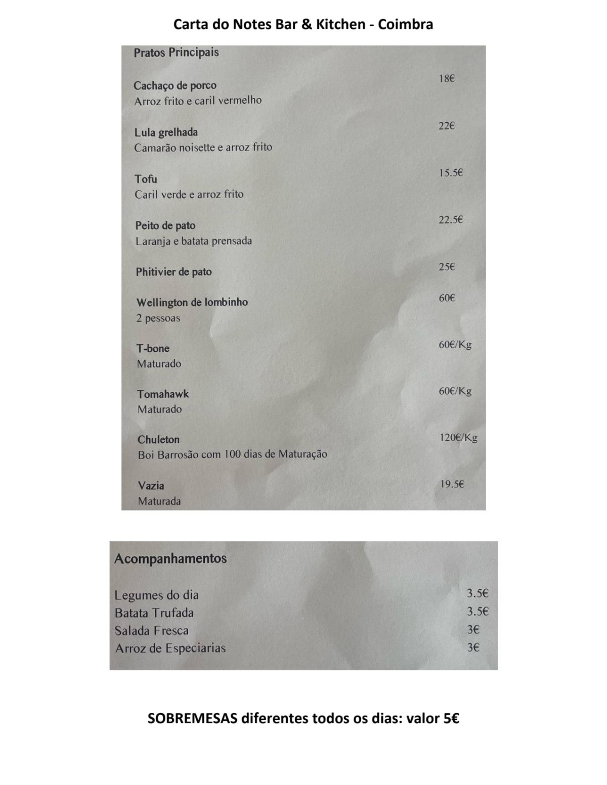 Carte et Menus 2024 Notes Bar & Kitchen à Coimbra TheFork