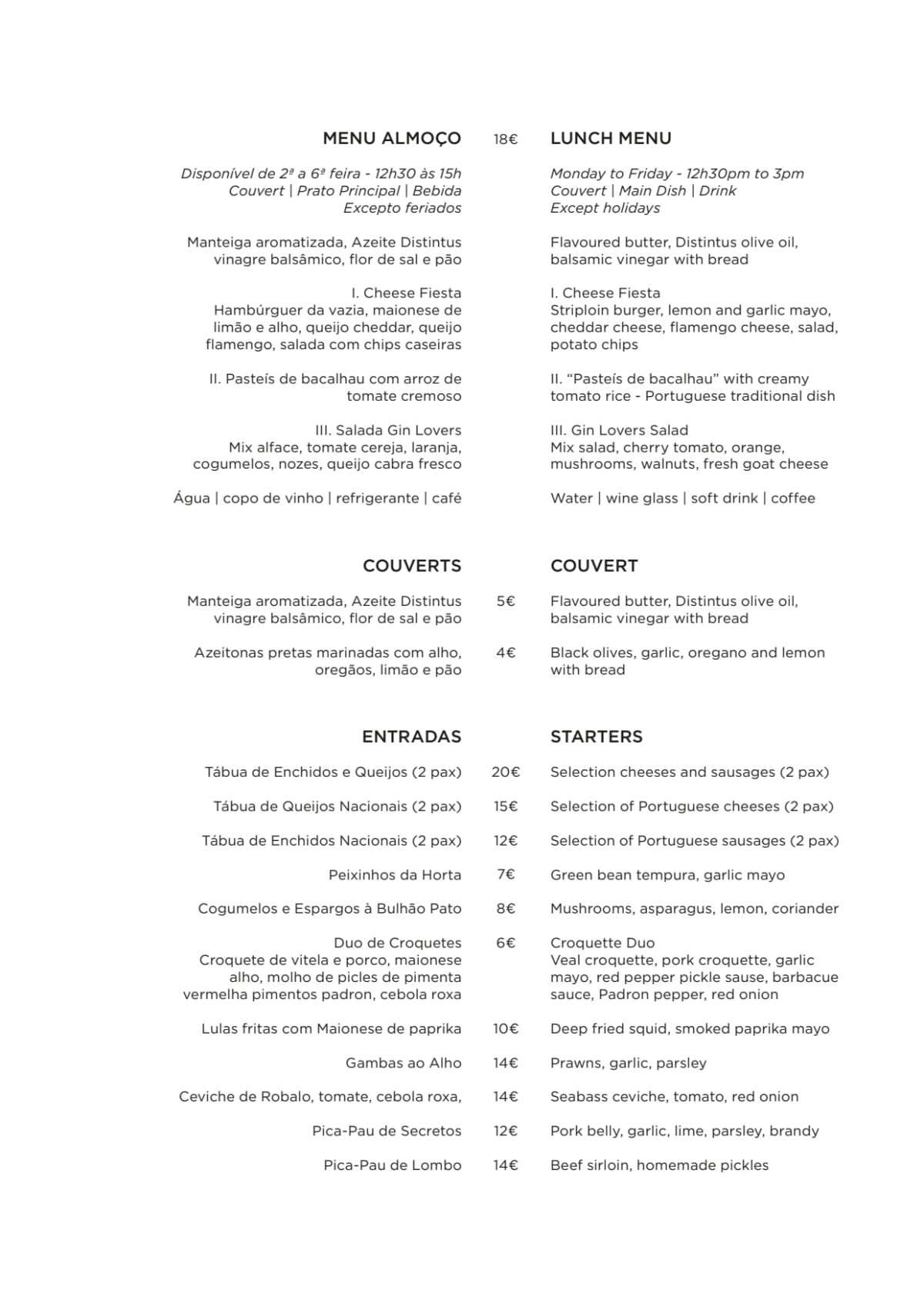 Gin Lovers Bar & Restaurant menu