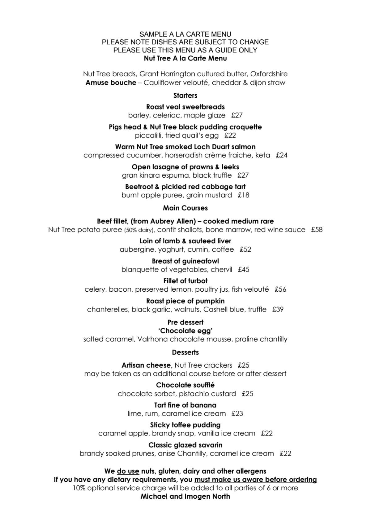 Menus 2023 The Nut Tree Inn in Kidlington TheFork