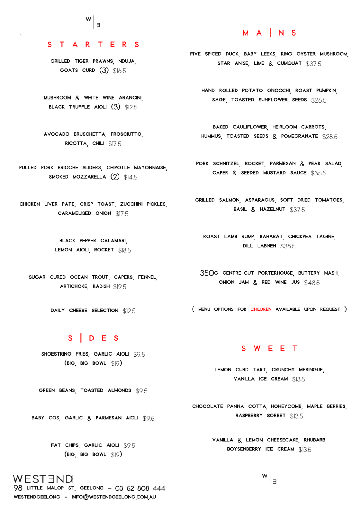 Carte et Menus 2024 Westend Geelong à Geelong (VIC) TheFork