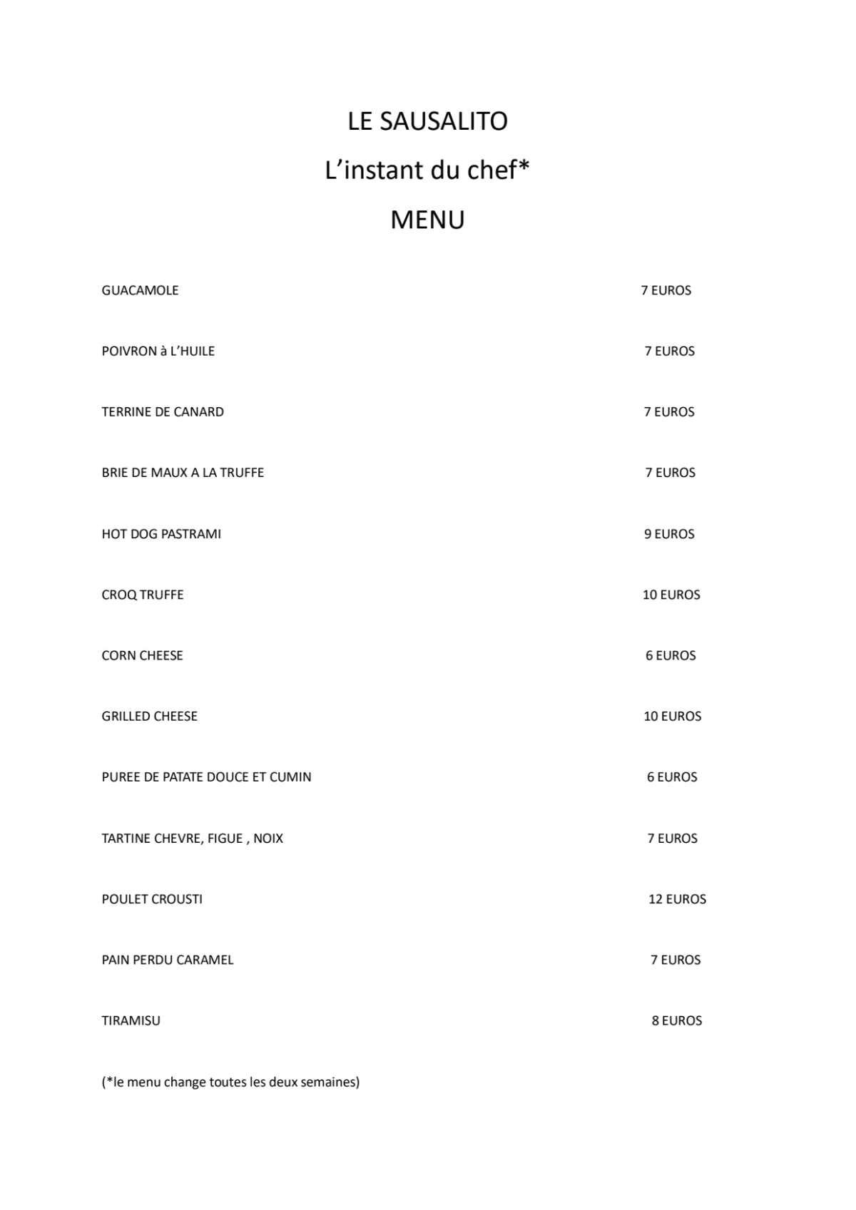 Carte et Menus 2024 Sausalito à Nice TheFork