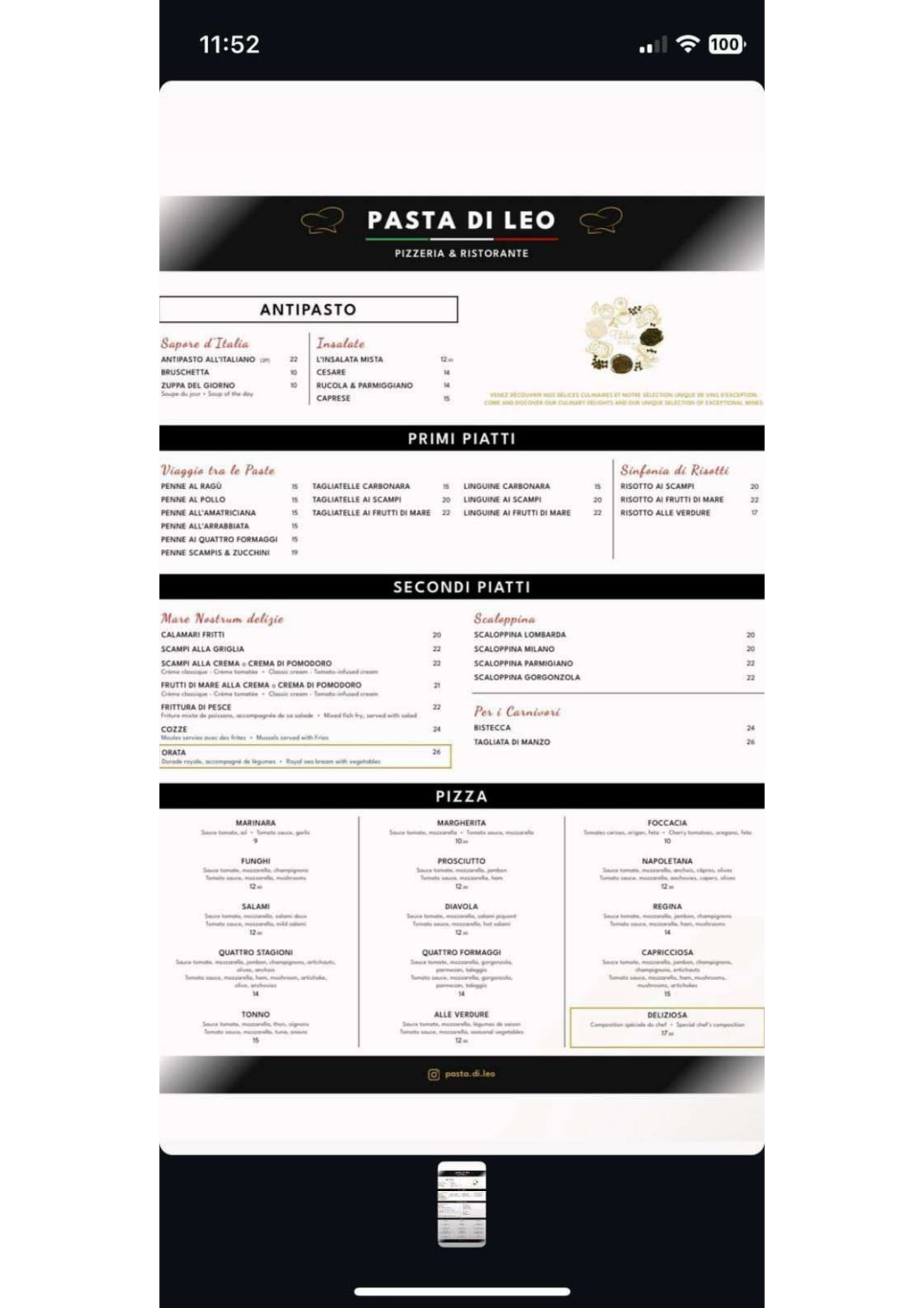 Pasta di Leo menu