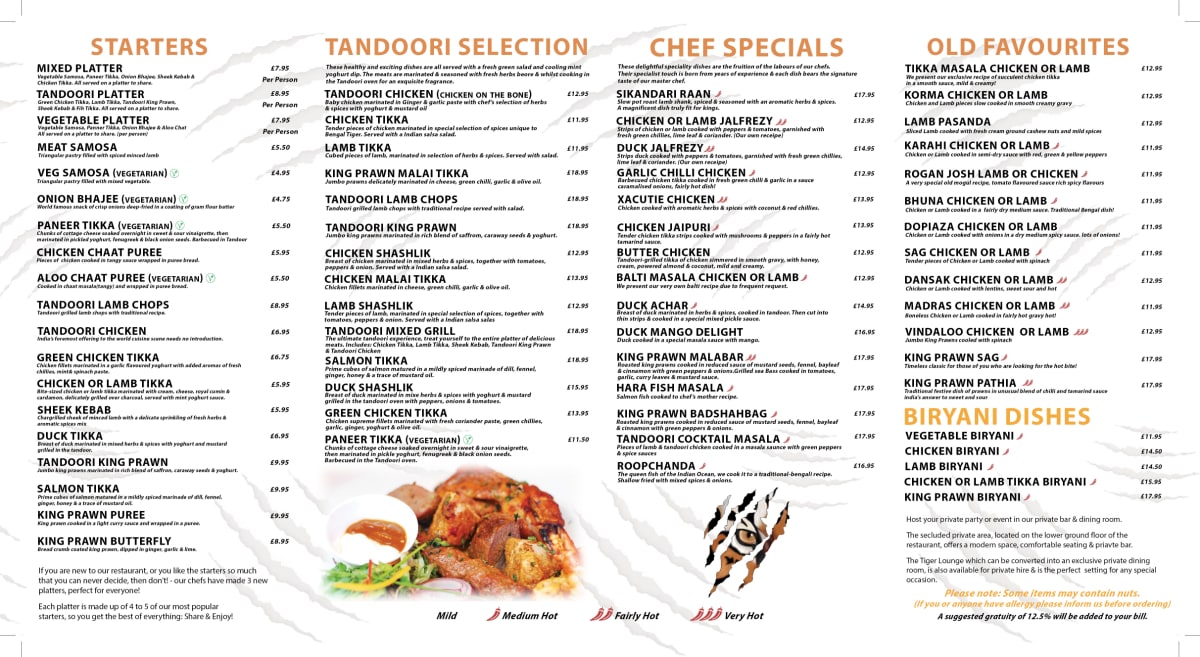 Menu and prices at Bengal Tiger, London