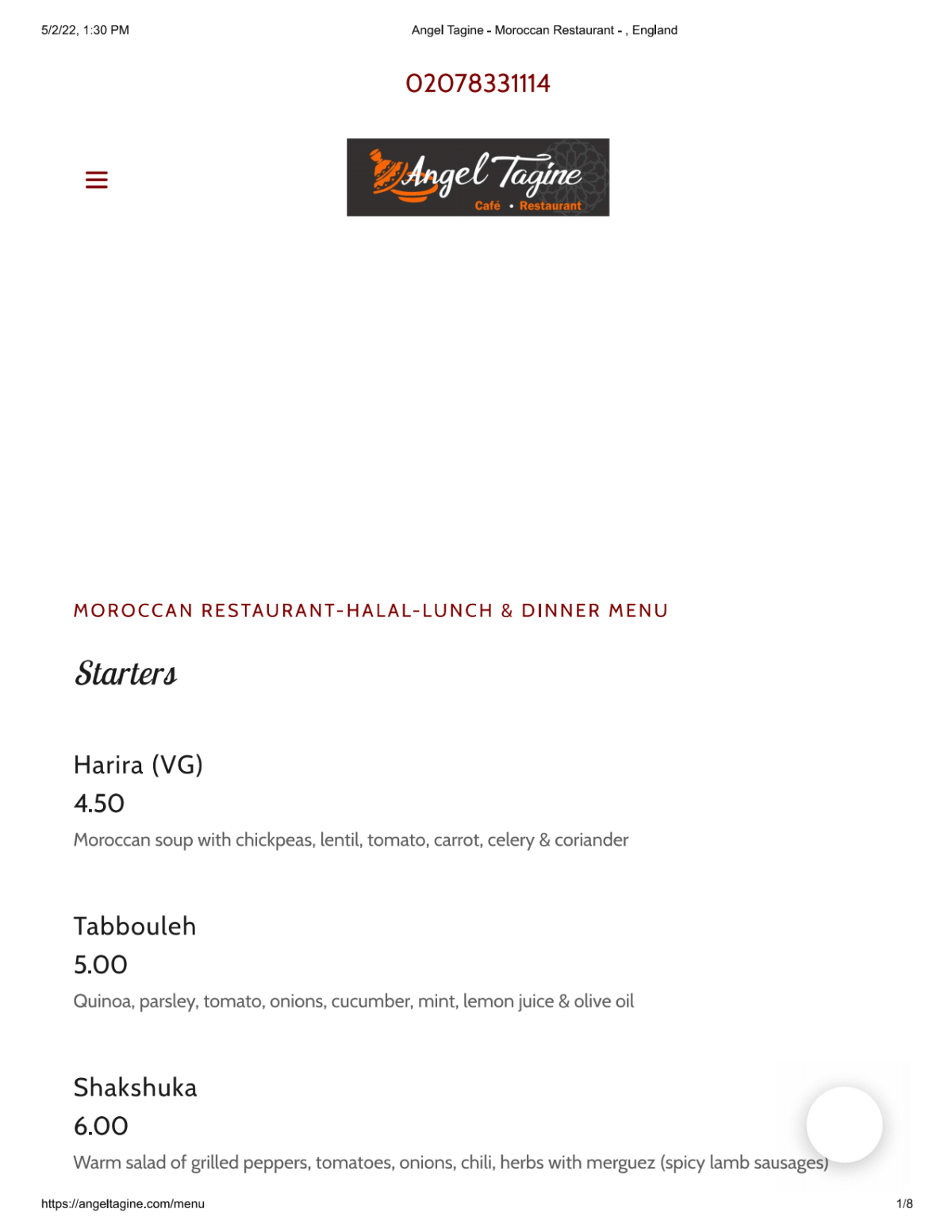 Carte et Menus 2024 Angel Tagine à Londres TheFork