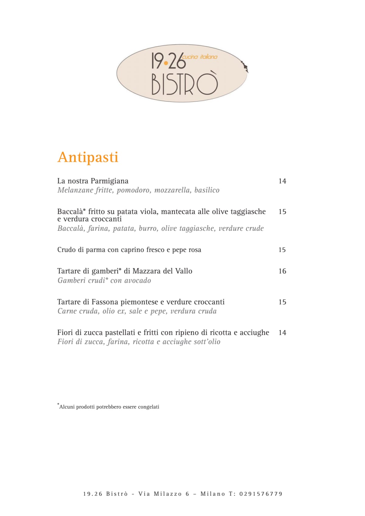 Carte et Menus 2024 19.26 Bistrò à Milan TheFork