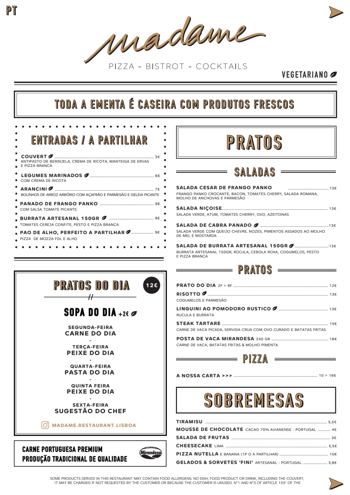 Madame Restaurant Lisboa menu