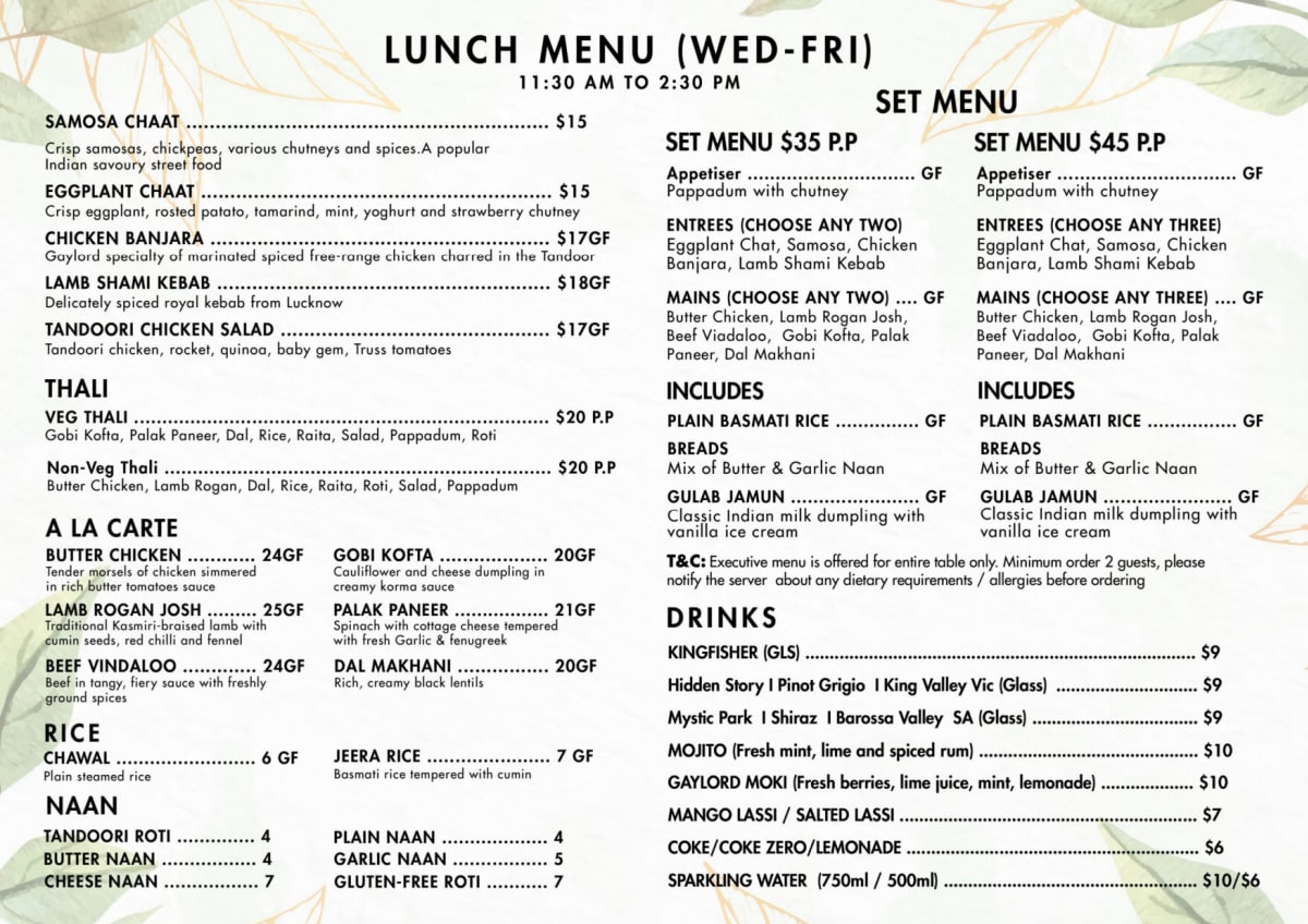 Carte et Menus 2024 Gaylord Indian Restaurant à Docklands (VIC) TheFork