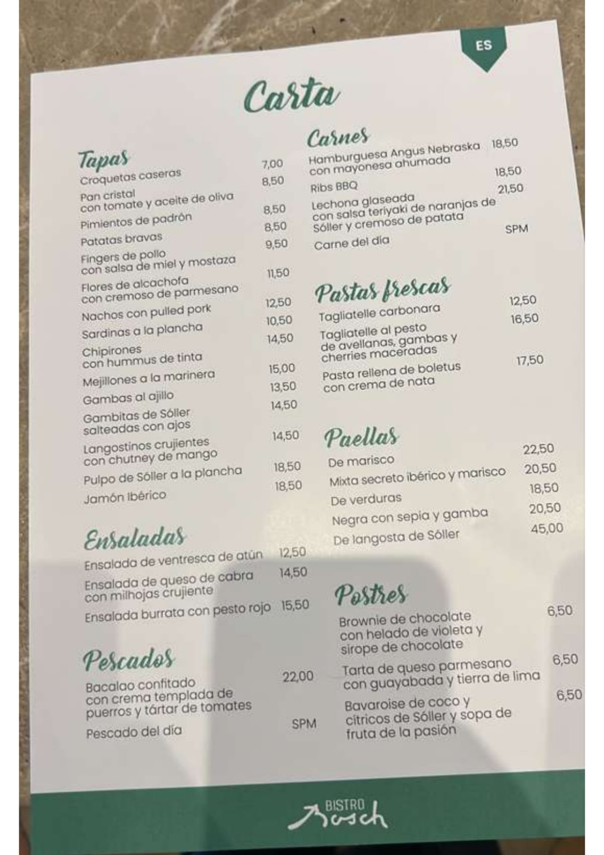 Carta y menù 2024 Actualizados Bistro Bosch en Port De Soller TheFork