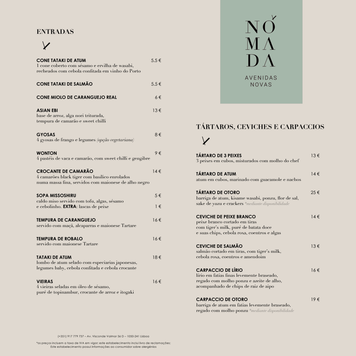 Nómada Avenidas Novas menu