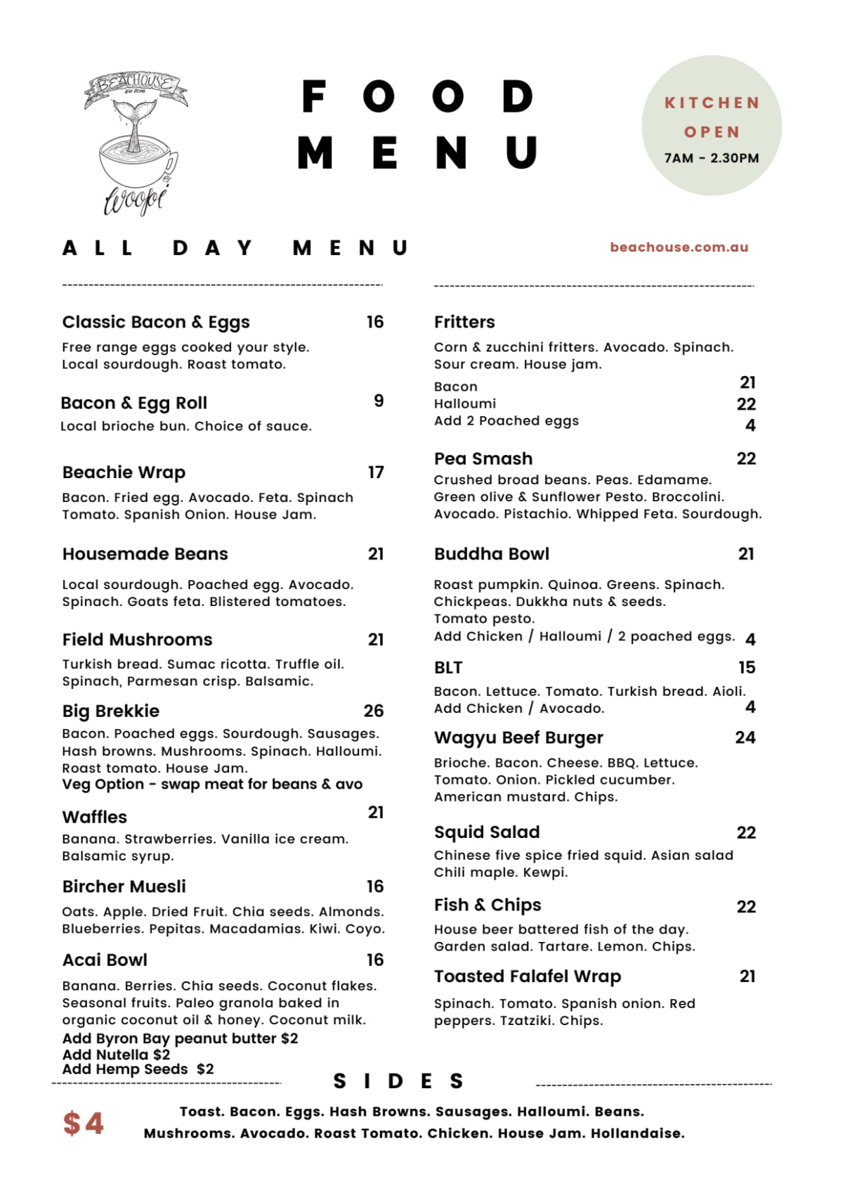 Carte et Menus 2023 Beachouse Cafe à Woolgoolga TheFork