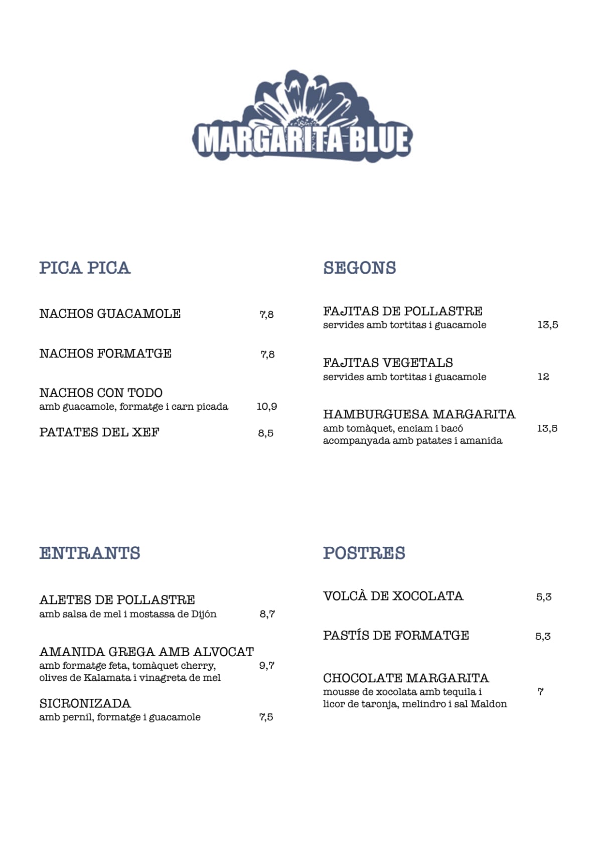 Margarita Blue menu