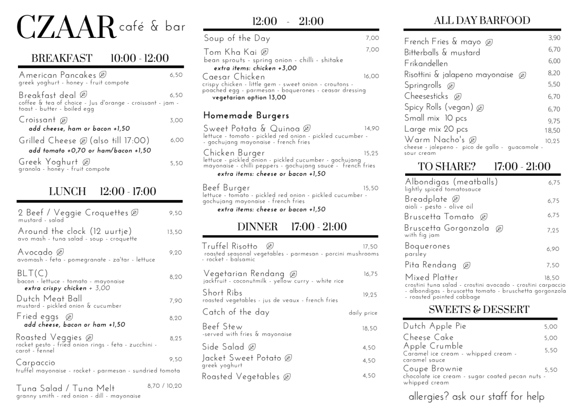 Czaar menu