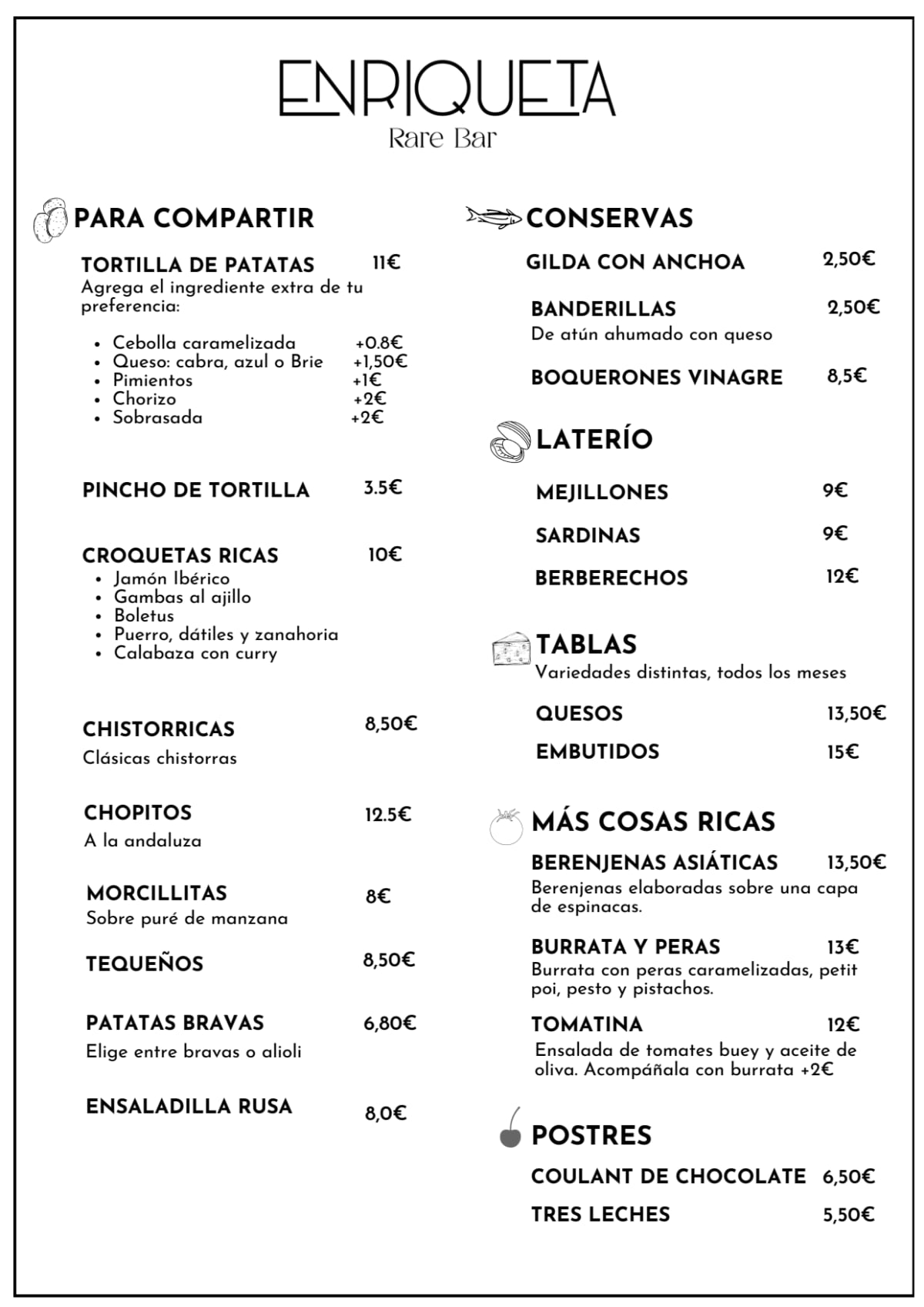 Enriqueta Rare Bar menu