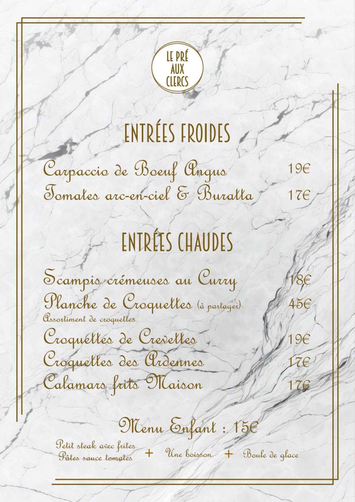 Le Pré aux Clercs menu